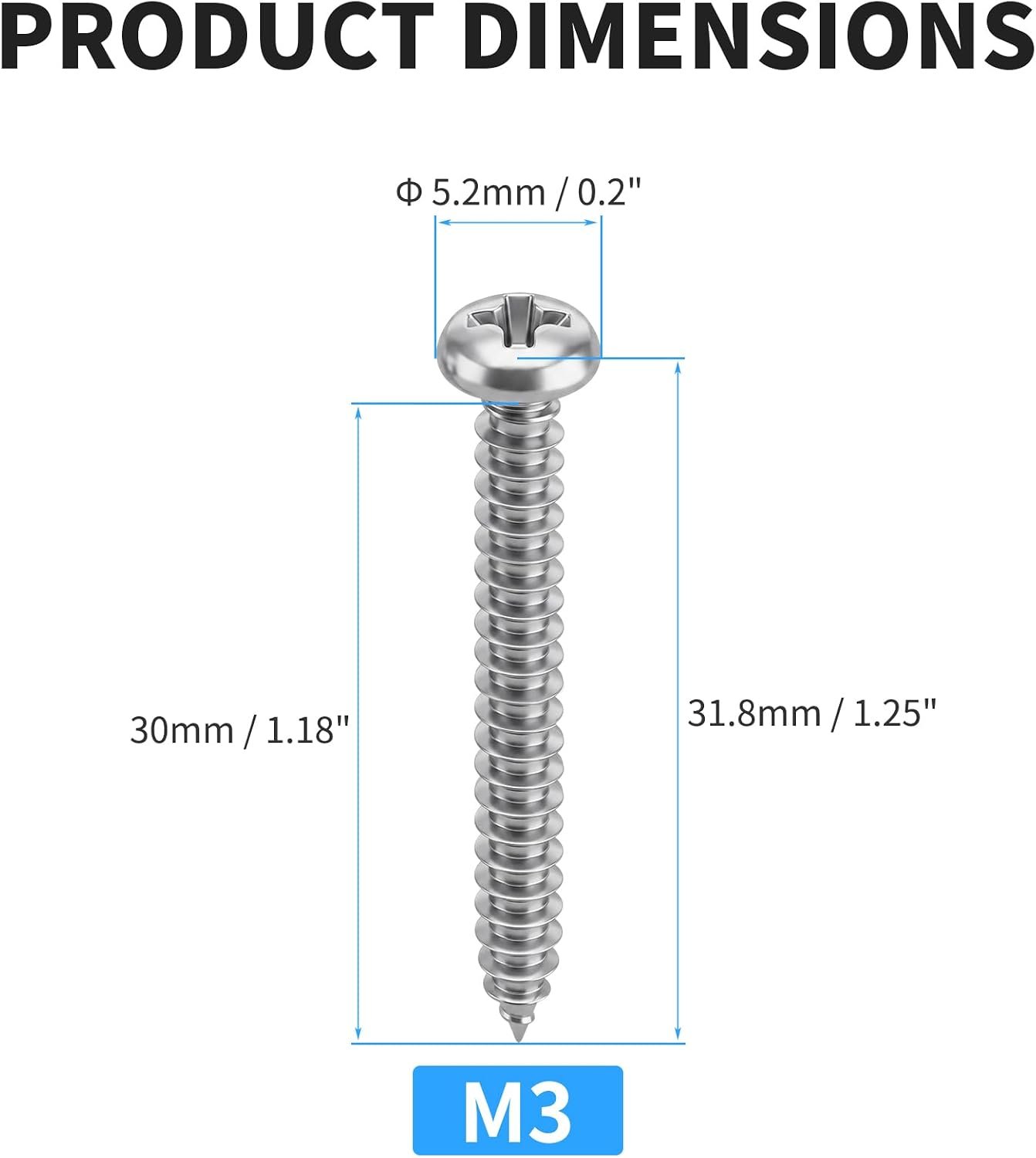 50 Pcs 3x30mm Self Tapping Screws, Phillips Pan Head